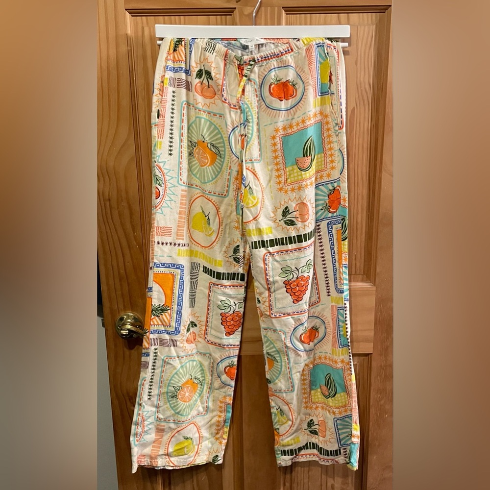 Cali 1850 Colorful Fruit Print Pants Linen Blend Size Medium